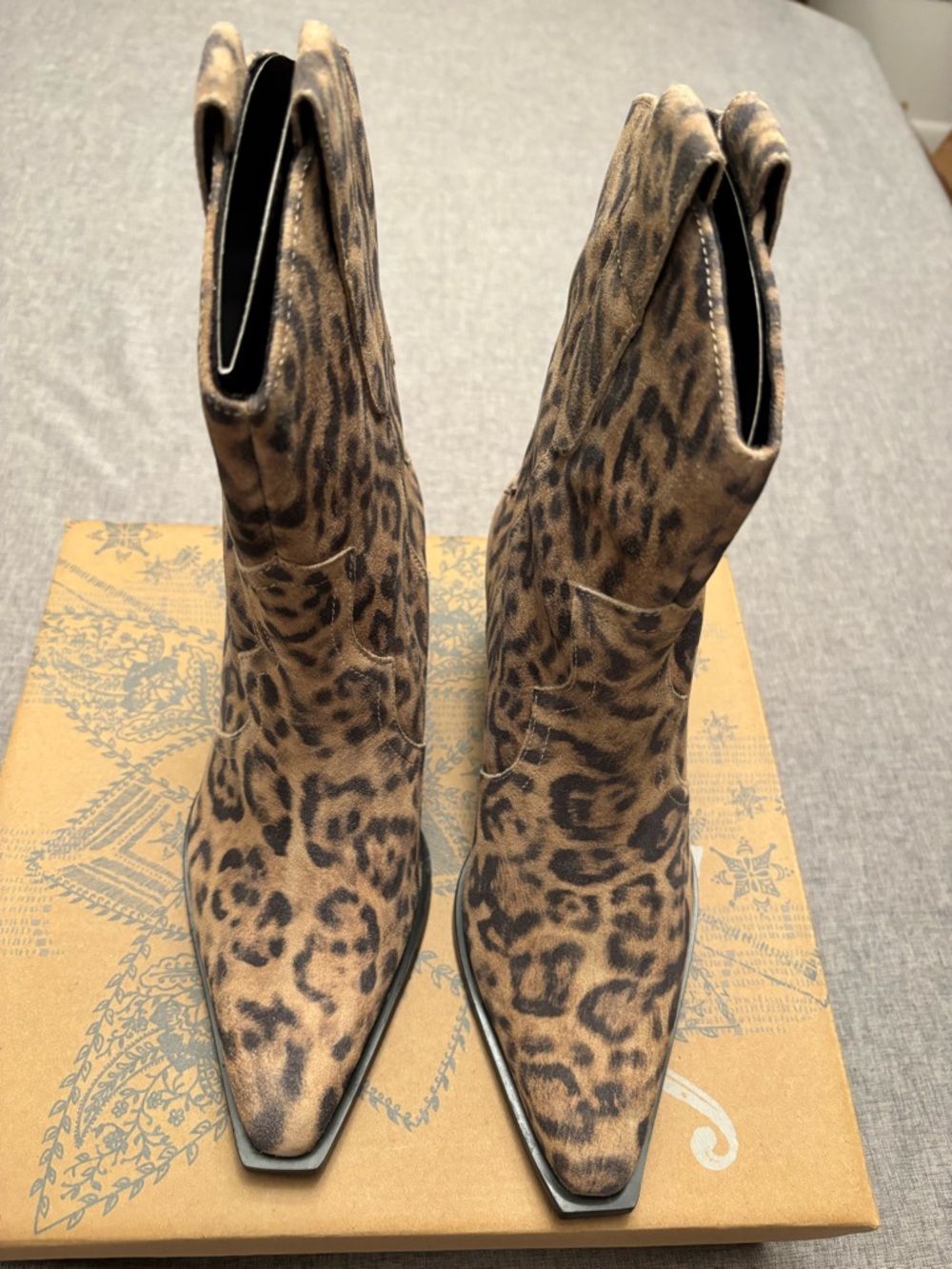 FREE PEOPLE Leopard Print Square Toe Ankle Boots - Brown/Black